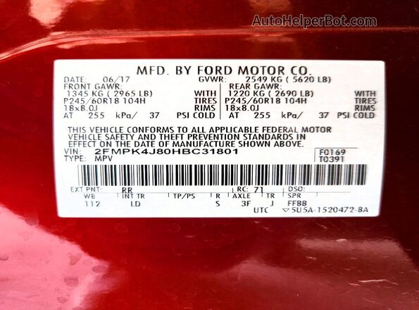 2FMPK4J80HBC31801 2017 FORD EDGE Red Вид підкапотного простору