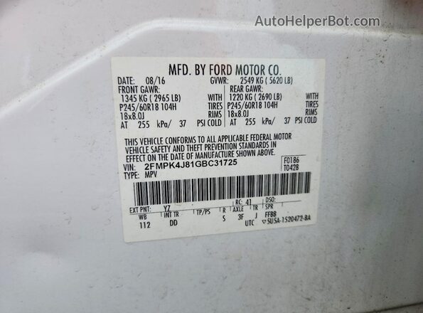 2FMPK4J81GBC31725 2016 FORD EDGE White VIN კოდის სტიკერის ხედი