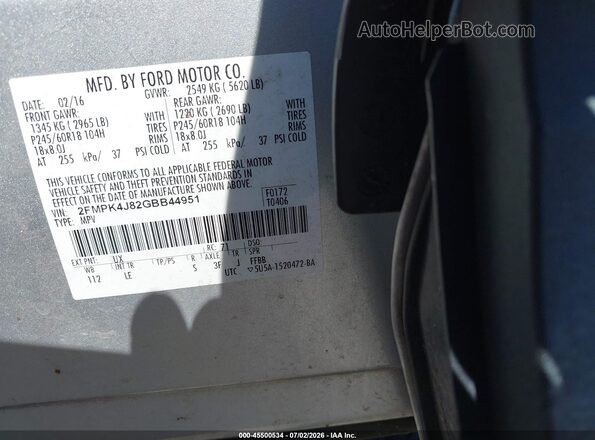 2FMPK4J82GBB44951 2016 FORD EDGE Gray Widok komory silnika