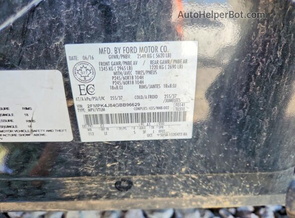 2FMPK4J84GBB96629 2016 FORD EDGE Black ძრავის განყოფილების ხედი