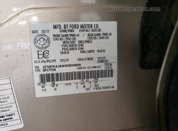 2FMPK4J84HBB69898 2017 FORD EDGE Tan VIN sticker view
