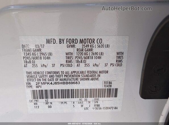 2FMPK4J85HBB69683 2017 FORD EDGE White Vista del compartimento del motor