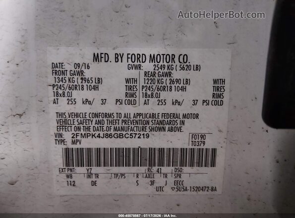 2FMPK4J86GBC57219 2016 FORD EDGE Белый Вид подкапотного пространства