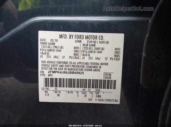 2FMPK4J86JBB69925 2018 FORD EDGE Blue Շարժիչի բաժամունքի տեսք