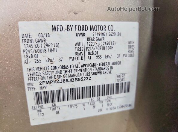 2FMPK4J86JBB95232 2018 FORD EDGE Gold 360 interior view