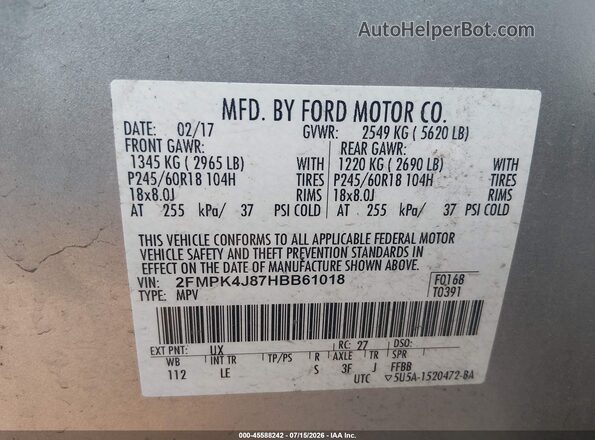 2FMPK4J87HBB61018 2017 FORD EDGE Silver Вид підкапотного простору