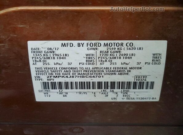 2FMPK4J87HBC64701 2017 FORD EDGE Orange Панорамний вид салону 360°