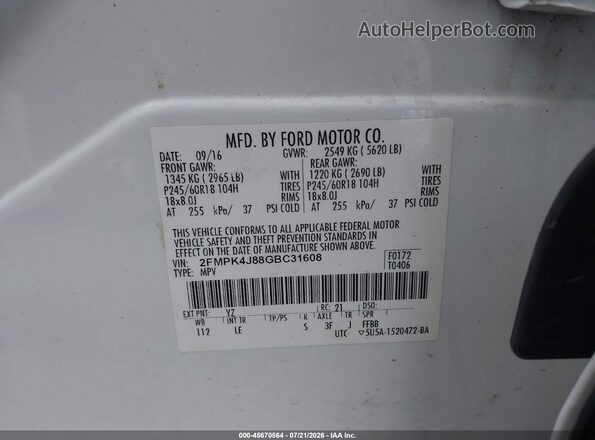 2FMPK4J88GBC31608 2016 FORD EDGE White ძრავის განყოფილების ხედი