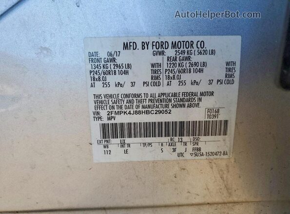 2FMPK4J88HBC29052 2017 FORD EDGE Silver Вид наклейки з VIN-кодом