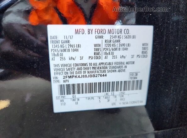 2FMPK4J88JBB27644 2018 FORD EDGE Black VIN კოდის სტიკერის ხედი