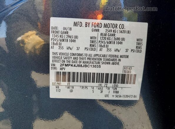 2FMPK4J88JBC13035 2018 FORD EDGE Blue VIN კოდის სტიკერის ხედი