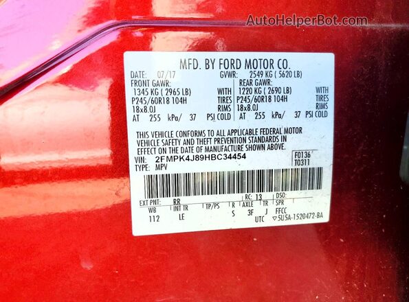 2FMPK4J89HBC34454 2017 FORD EDGE Maroon 360 interior view