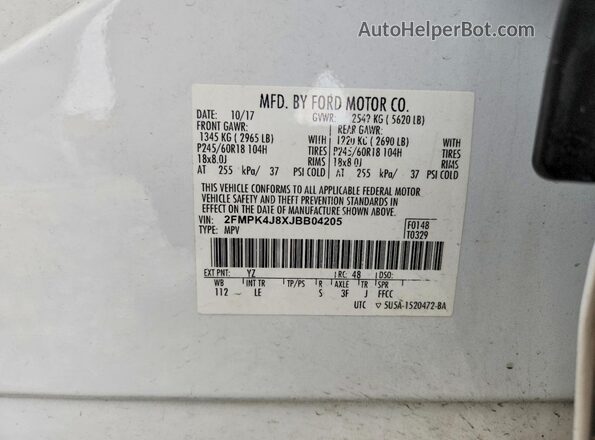 2FMPK4J8XJBB04205 2018 FORD EDGE White Vista de la etiqueta del VIN