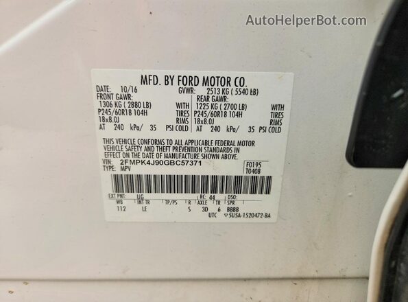 2FMPK4J90GBC57371 2016 FORD EDGE White Вид наклейки з VIN-кодом