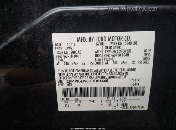 2FMPK4J90HBB01445 2017 FORD EDGE Black Widok komory silnika