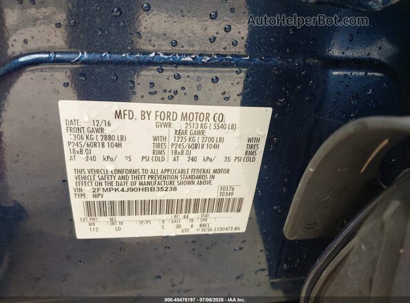 2FMPK4J90HBB35238 2017 FORD EDGE Blue Widok komory silnika