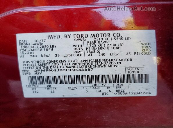 2FMPK4J90HBB43887 2017 FORD EDGE Red VIN կոդի պիտակի տեսք