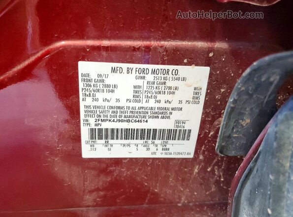 2FMPK4J90HBC64614 2017 FORD EDGE Красный Вид наклейки с VIN-кодом