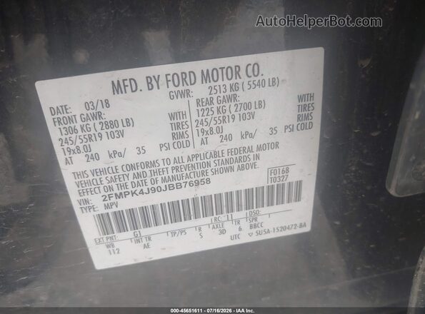 2FMPK4J90JBB76958 2018 FORD EDGE Black ძრავის განყოფილების ხედი