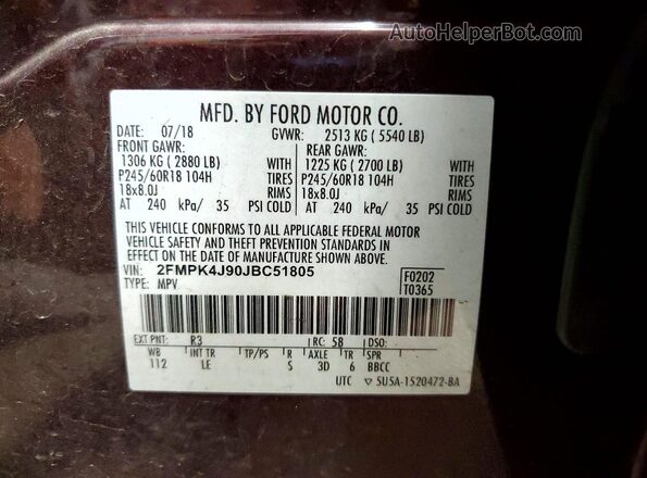 2FMPK4J90JBC51805 2018 FORD EDGE Бордовый Вид наклейки с VIN-кодом