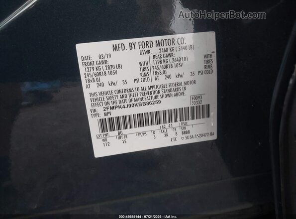 2FMPK4J90KBB86259 2019 FORD EDGE Blue Vista del compartimento del motor