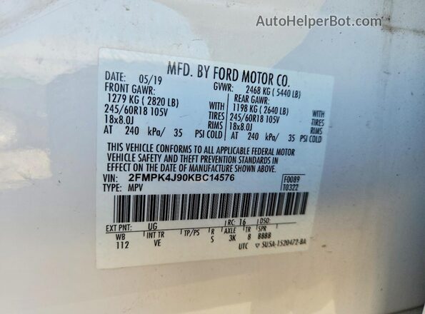 2FMPK4J90KBC14576 2019 FORD EDGE White სალონის 360-გრადუსიანი ხედი