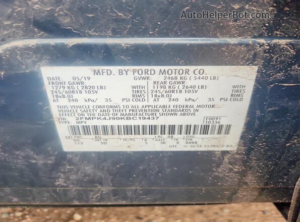 2FMPK4J90KBC19437 2019 FORD EDGE Синий Вид наклейки с VIN-кодом