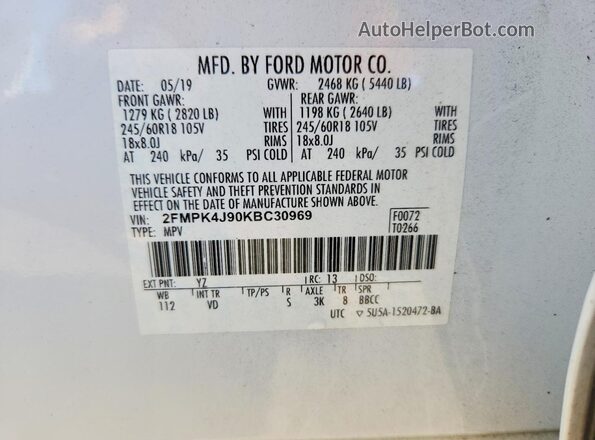 2FMPK4J90KBC30969 2019 FORD EDGE White Vista interior de 360 grados