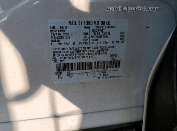 2FMPK4J90KBC71117 2019 FORD EDGE Белый Вид наклейки с VIN-кодом