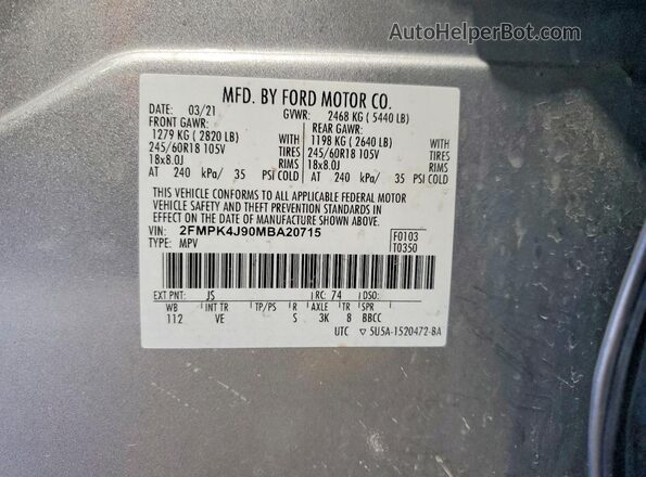 2FMPK4J90MBA20715 2021 FORD EDGE Silver Вид наклейки з VIN-кодом