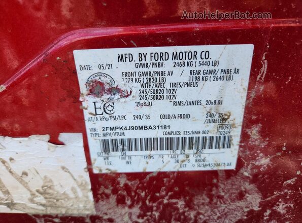 2FMPK4J90MBA31181 2021 FORD EDGE Red Widok naklejki z numerem VIN