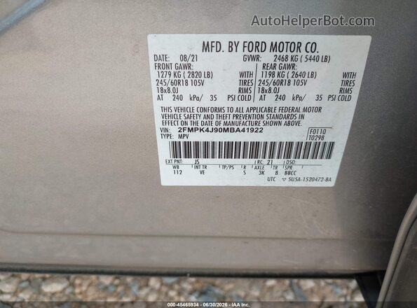 2FMPK4J90MBA41922 2021 FORD EDGE Silver ძრავის განყოფილების ხედი