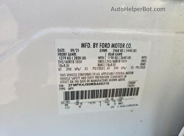 2FMPK4J90MBA66318 2021 FORD EDGE White ძრავის განყოფილების ხედი