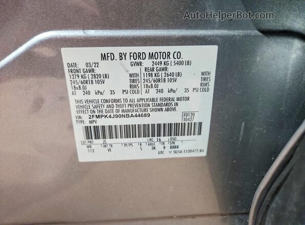 2FMPK4J90NBA44689 2022 FORD EDGE Silver Вид наклейки з VIN-кодом