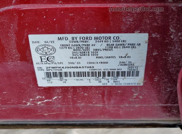 2FMPK4J90NBA57085 2022 FORD EDGE Красный Вид наклейки с VIN-кодом