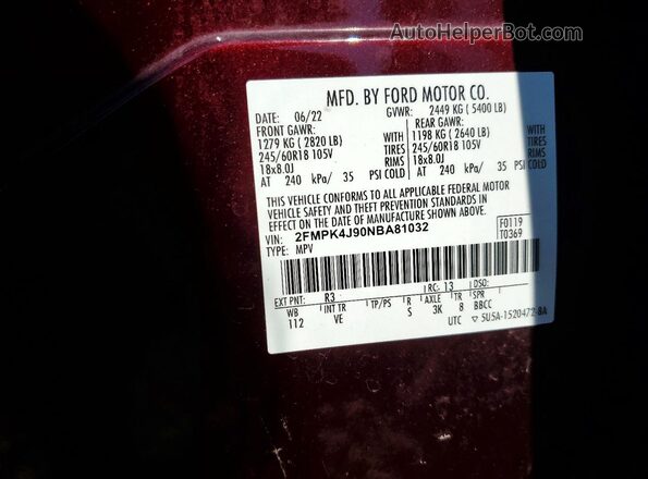 2FMPK4J90NBA81032 2022 FORD EDGE Maroon VIN կոդի պիտակի տեսք