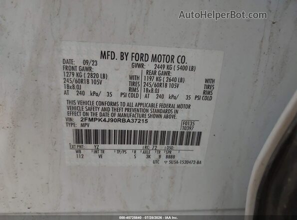 2FMPK4J90RBA37215 2024 FORD EDGE White Vista del compartimento del motor