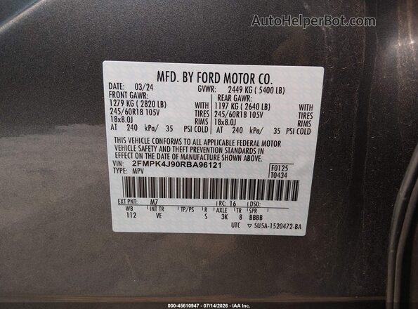 2FMPK4J90RBA96121 2024 FORD EDGE Gray Вид підкапотного простору