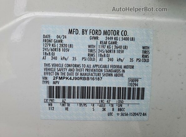 2FMPK4J90RBB16187 2024 FORD EDGE White Widok naklejki z numerem VIN