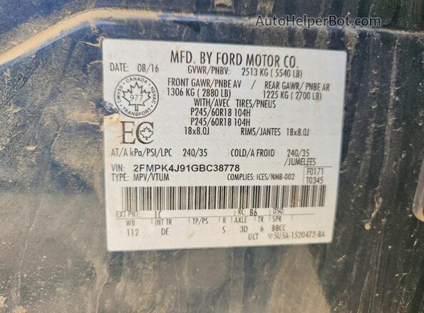 2FMPK4J91GBC38778 2016 FORD EDGE Blue Widok naklejki z numerem VIN