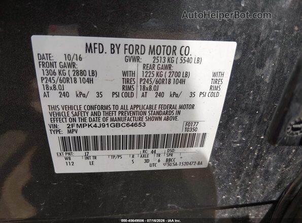 2FMPK4J91GBC64653 2016 FORD EDGE Gray Widok komory silnika