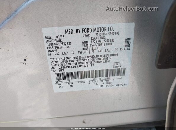 2FMPK4J91JBB78413 2018 FORD EDGE Серебряный Вид подкапотного пространства