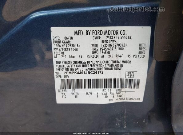 2FMPK4J91JBC34172 2018 FORD EDGE Blue ძრავის განყოფილების ხედი