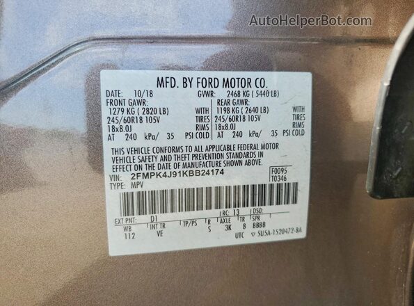 2FMPK4J91KBB24174 2019 FORD EDGE Beige VIN կոդի պիտակի տեսք