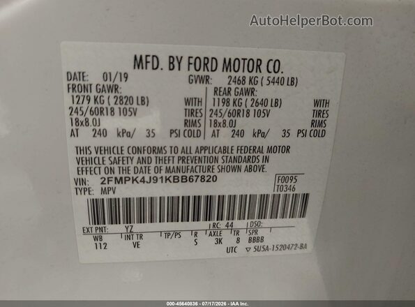 2FMPK4J91KBB67820 2019 FORD EDGE White Engine compartment view