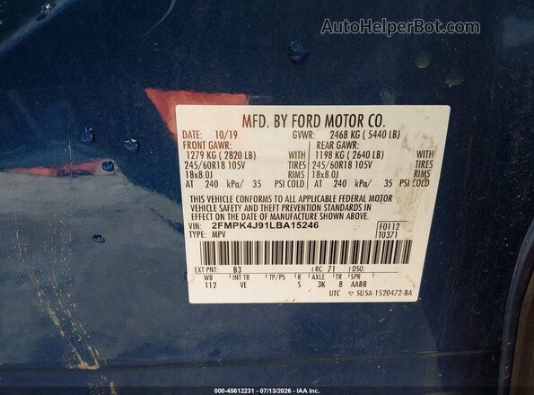 2FMPK4J91LBA15246 2020 FORD EDGE Blue Вид підкапотного простору