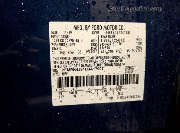 2FMPK4J91LBA17997 2020 FORD EDGE Blue Սալոնի 360 աստիճան տեսք