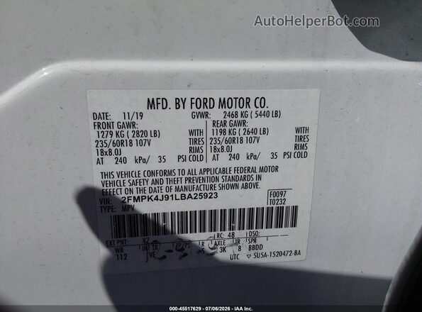 2FMPK4J91LBA25923 2020 FORD EDGE White Vista del compartimento del motor