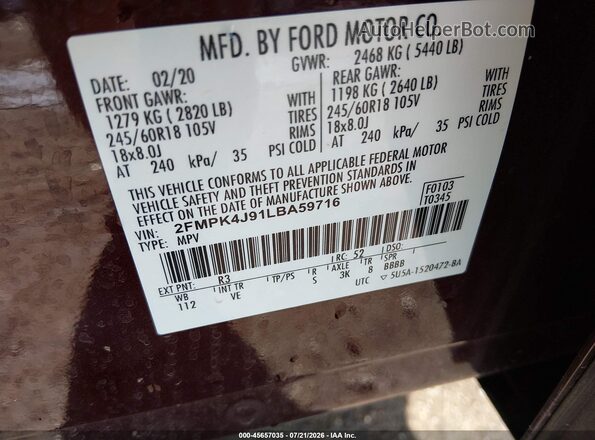 2FMPK4J91LBA59716 2020 FORD EDGE Maroon Widok komory silnika