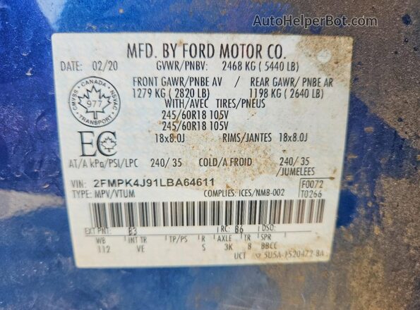 2FMPK4J91LBA64611 2020 FORD EDGE Blue VIN კოდის სტიკერის ხედი